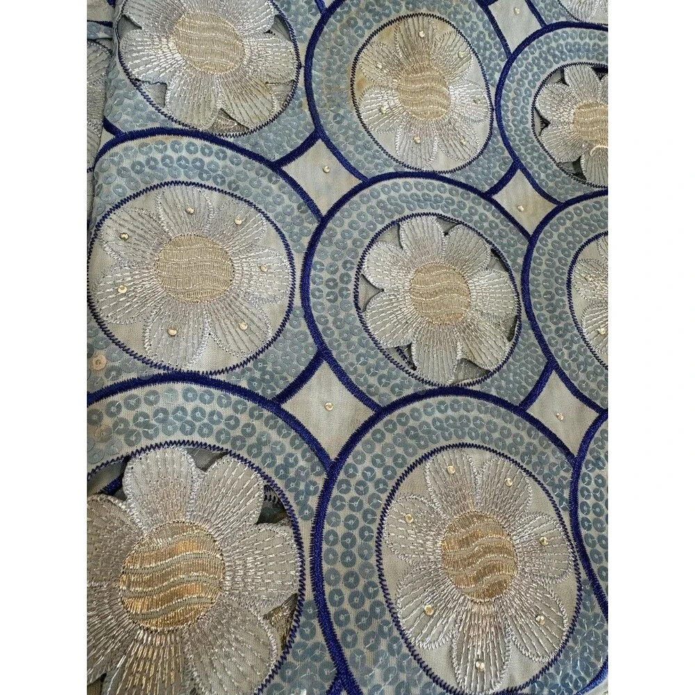 African Swiss Voile Lace Fabric Remnant - Blue & White Sequin Embroidered Floral